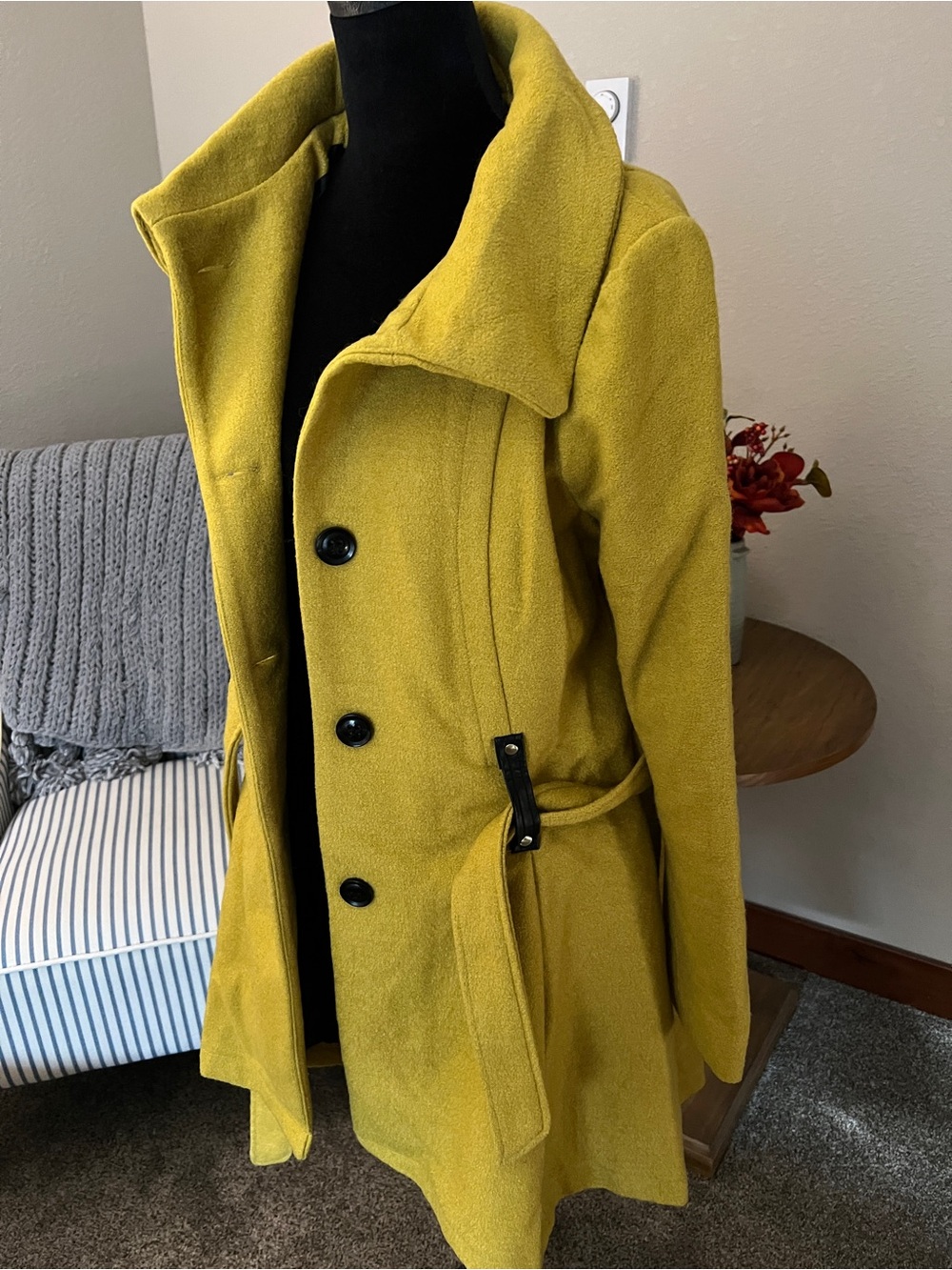Womens Mustard Yellow Wool-Blend Coat with Belt